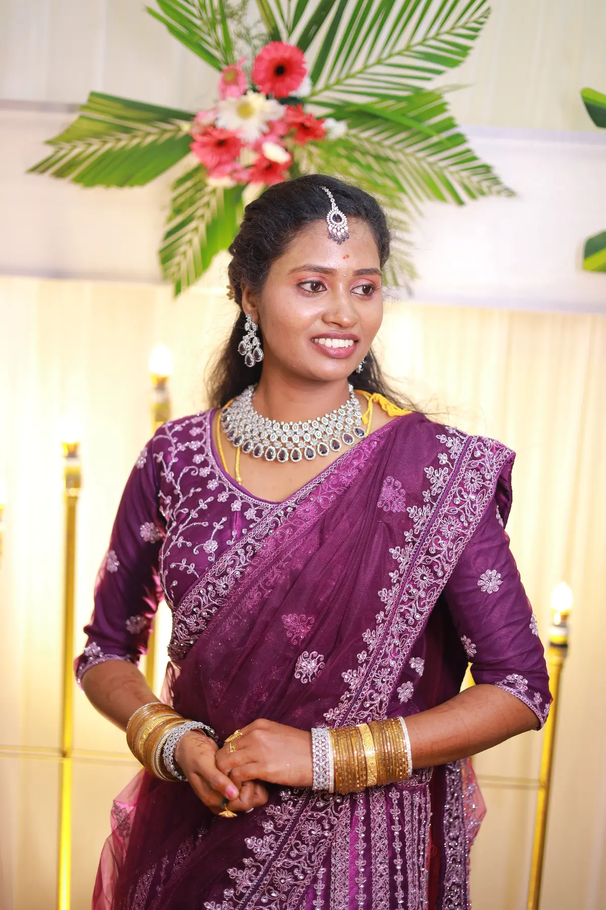 Bride portrait in a purple reception gown